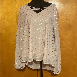 Lavender Brown Large Light Pink Metallic Dot V-Neck Long Sleeve Blouse